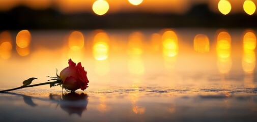 A beautiful rose lies gently on a reflective surface, illuminated by soft, golden light during sunset, creating a serene atmosphere.