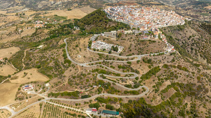 Aerial view of the town of Rotondella located on a hill in Basilicata, Italy. 