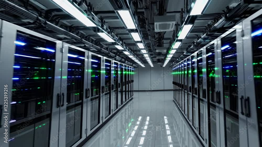 Poster exploring a modern data center filled with advanced technology and efficient infrastructure