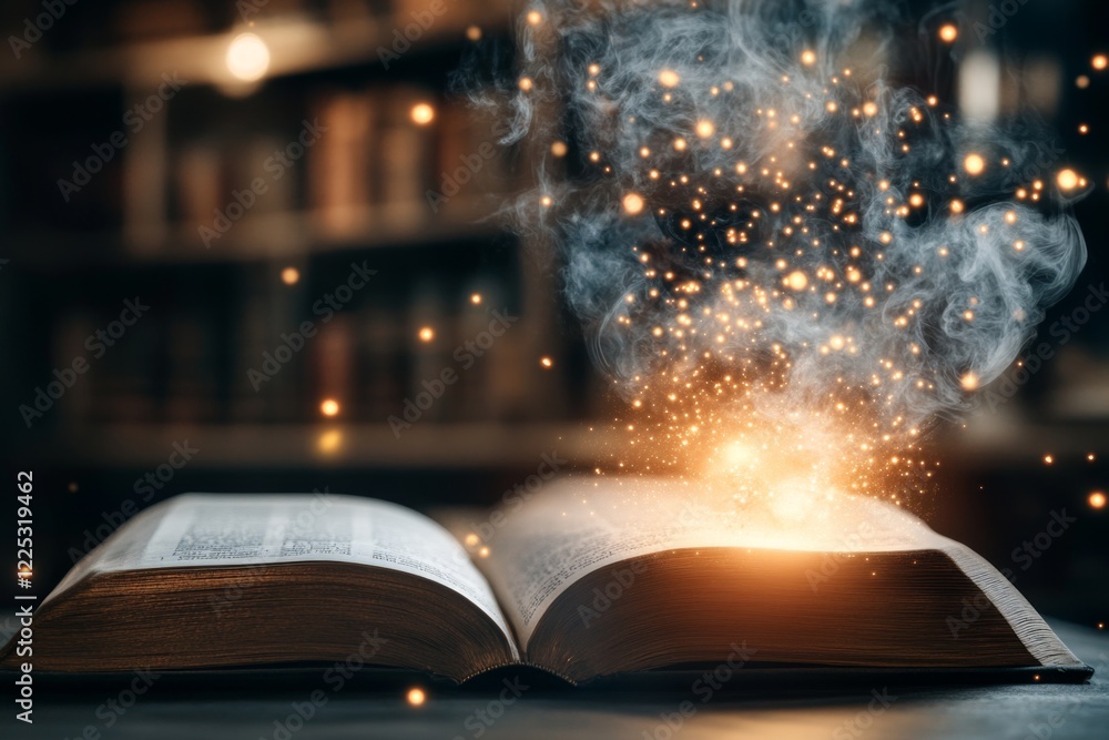Poster A magical scene of a glowing book in a mystical library, with floating text and images emanating from the pages, creating an aura of easily understandable knowledge