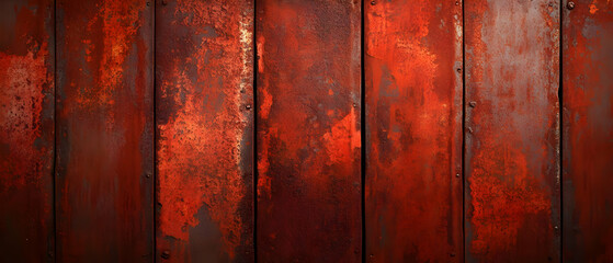 Rustic red metal wall with texture, ideal for backgrounds and industrial themes.