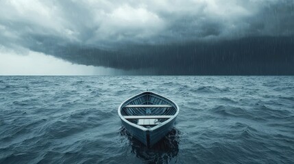 Lone wooden boat floating in the vast ocean under a looming storm, symbolizing solitude, survival, and the power of nature