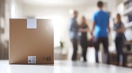 Fototapeta premium Cardboard Box in Modern Home with Blurred People in Background