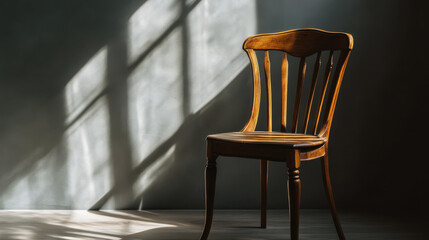 A vintage wooden chair, intricately carved and illuminated by a golden spotlight, resting in the center of a soft grey background
