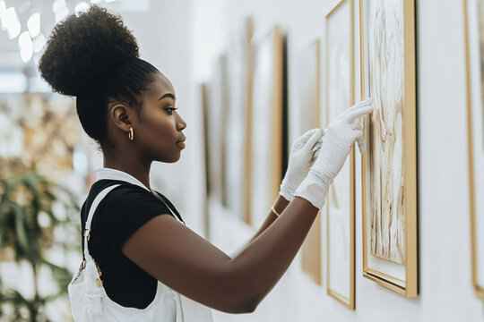 focused Black female art handler wearing white gloves installing modern artwork, professional gallery environment