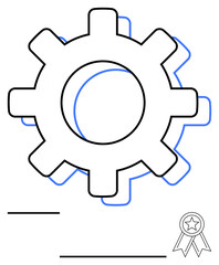 Gear icon linked to lines and badge with ribbon symbolizes operation optimization, recognition, certifications. Ideal for teamwork, quality assurance, productivity, innovation, strategy, business