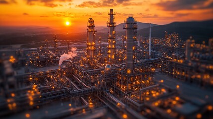 Fototapeta premium Sunset over Petrochemical Refinery Complex