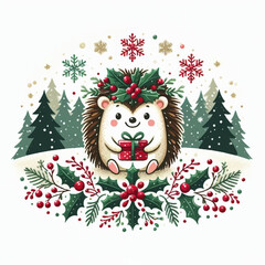 cute hedgehog holding a red gift in his hands  funny christmas vector illustration