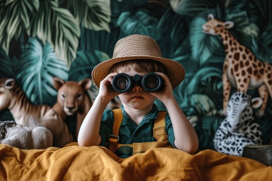 Child explorer in jungle-themed room with binoculars and toys