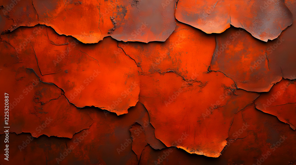 Poster Textured abstract background showcasing warm orange and deep rust colors with peeling layers and intricate patterns.