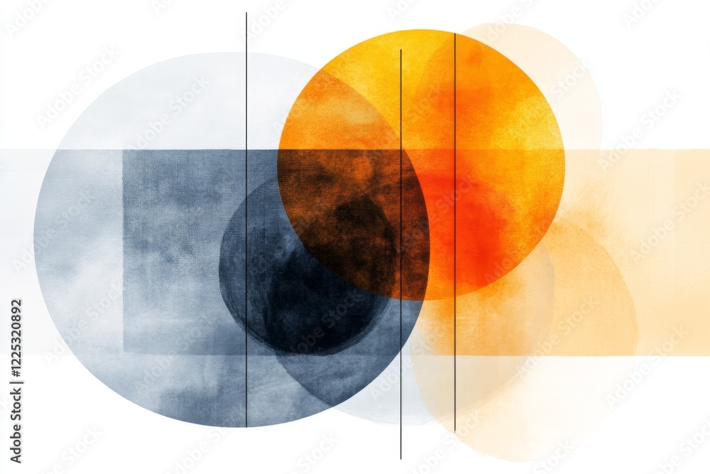 Poster A minimalist design featuring two interlocking circles in complementary colors, such as orange and blue, set against a clean white background