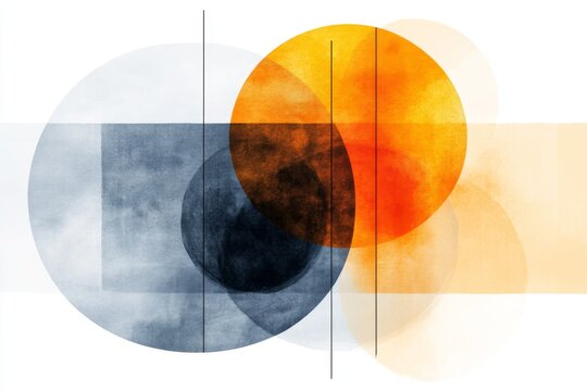 A minimalist design featuring two interlocking circles in complementary colors, such as orange and blue, set against a clean white background