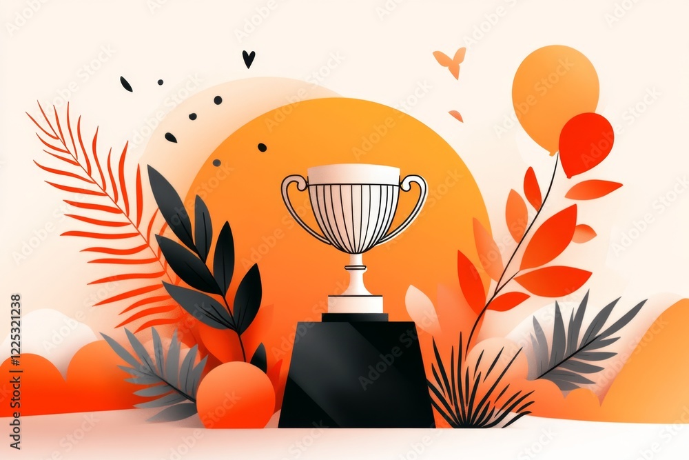 Poster a minimalist line drawing of a trophy on a podium, with clean, bold lines and a glowing gradient in 