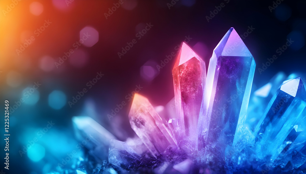Poster vibrant crystal formations radiate a spectrum of colors, creating an enchanting and mystical visual 