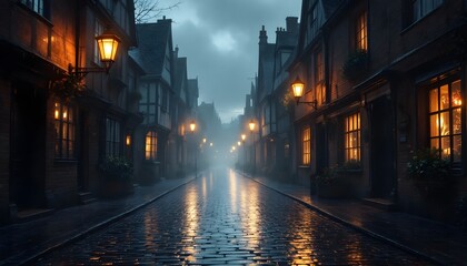 A foggy, dimly lit cobblestone street at night - mystery and solitude - perfect for fantasy book covers, Halloween themed material, or gothic art.