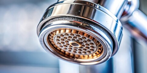 Close-up view of a dusty chrome faucet aerator, revealing intricate details and potential need for cleaning