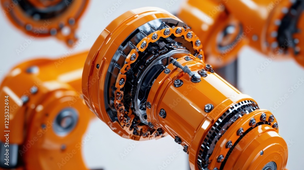Poster close-up view of an industrial robotic arm component showcasing intricate mechanical design and func