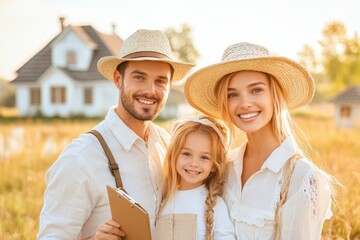 A real estate agent showing a happy family around a new home, with a clipboard in hand and a welcoming smile