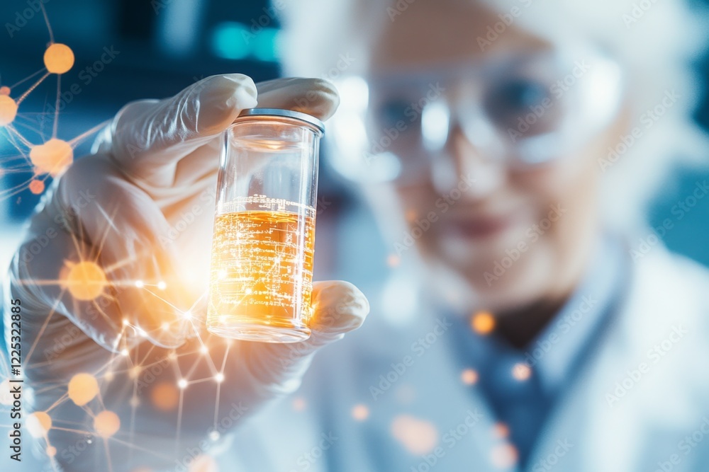 Poster a scientist in a lab celebrating a breakthrough, holding up a vial with glowing liquid, their collea