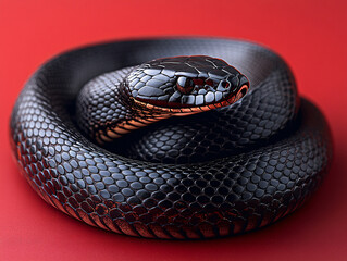Obraz premium a coiled snake with distinctive red eyes against a vibrant red background. The snake's scales are clearly visible