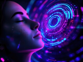 Obraz premium Serene Digital Dreamscape: A Woman's Face Illuminated by Futuristic Technology