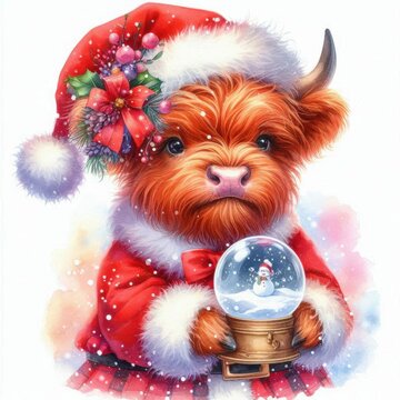 recommend clip art: Festive highland cow with snow globe attire.