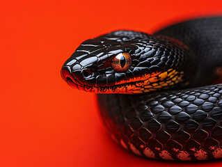 Fototapeta premium a coiled snake with distinctive red eyes against a vibrant red background. The snake's scales are clearly visible