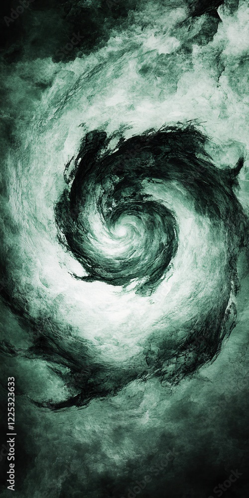 Poster swirling vortex of dark green abstract clouds creating a spiral pattern with bright center