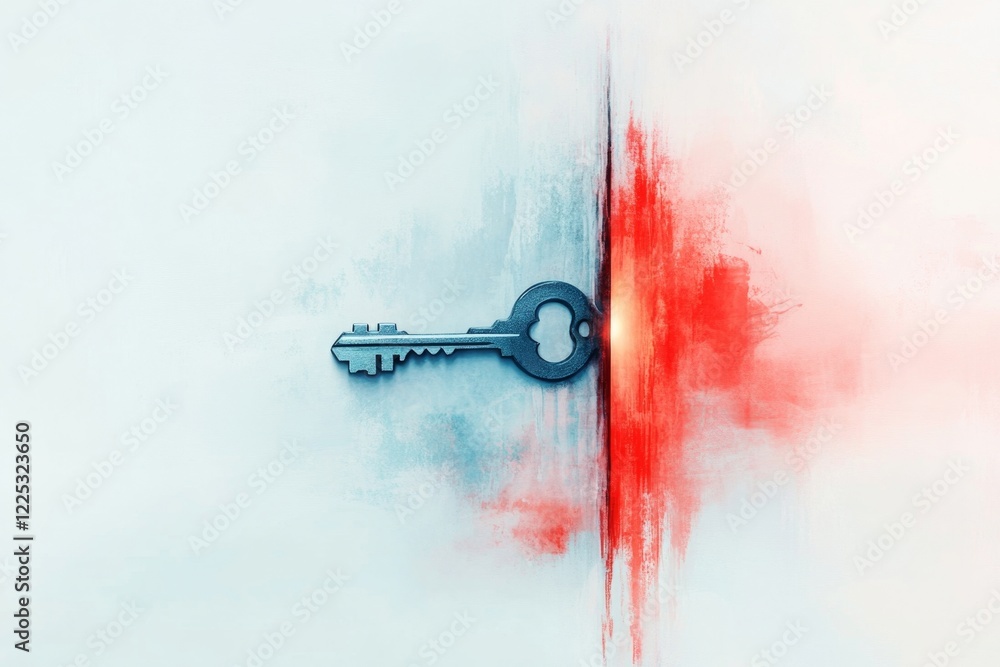 Poster a soft watercolor painting of a glowing key unlocking a door, with ethereal tones blending into the 