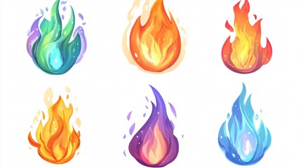 Vibrant Flame Icons Collection for Natural Elements Illustration with Fire, Water, Earth, Air, Life, and Energy Symbols