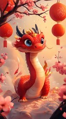 A Cute, Cartoonish Red Dragon Sits Under A Blossoming Tree With Chinese Lanterns Hanging.  The Scene Is Warm And Inviting, Perfect For A Whimsical Greeting Card Or Children'S Book.