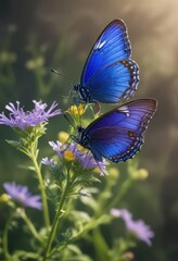 Naklejka premium Cobalt blue butterfly perched on a wildflower , colorful blooms, flower petals