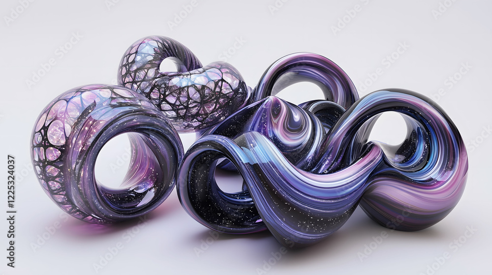 Poster dynamic arrangement of twisted shapes in vivid colors representing creativity. generative ai