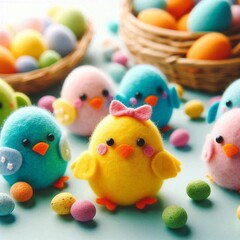 Cute soft chicks made of wool and felt. Composition for Easter.