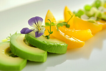 Elegant salad with avocado, citrus slices, and edible flowers creates a vibrant, minimalist composition perfect for healthy and modern food styling