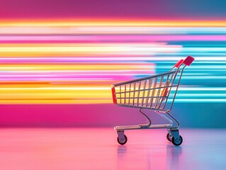 Dynamic shopping cart with colorful neon lights in motion.