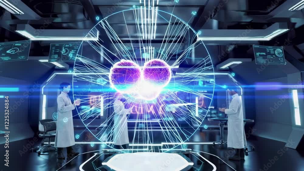 Poster exploring advanced technology in a futuristic laboratory with scientists studying data and projectio