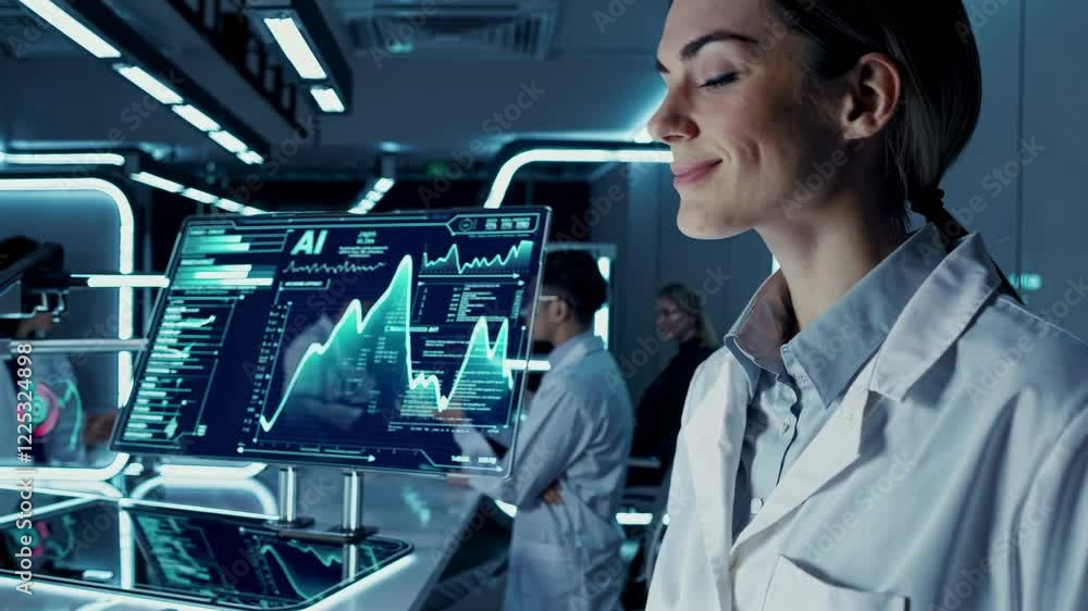 Poster innovative research in a high-tech lab showcasing ai data analysis and modern technology