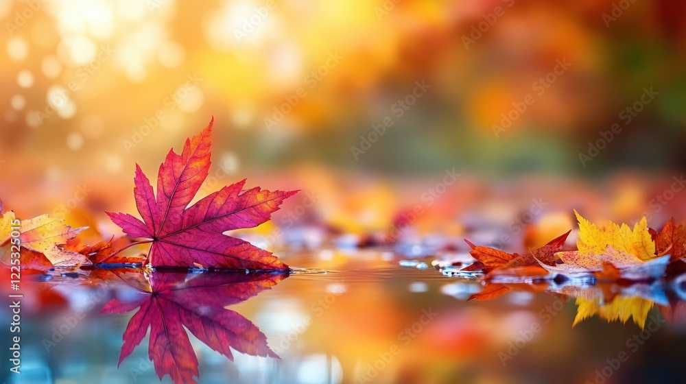 Poster autumn leaves floating on water with colorful bokeh background creating a serene scene