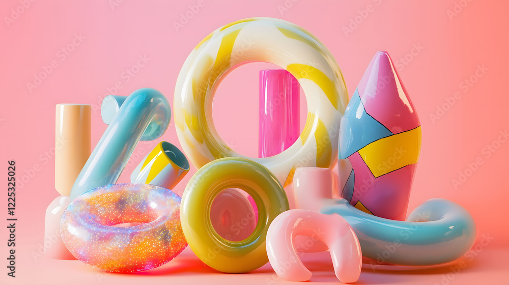 Poster dynamic arrangement of twisted shapes featuring vibrant colors and playful designs. generative ai