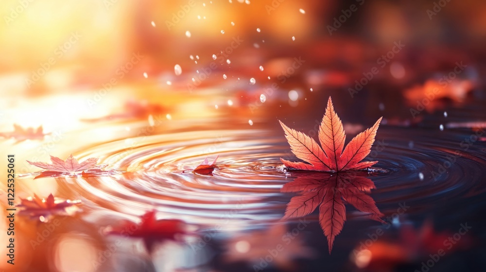 Poster autumn leaves floating on water surface with ripples and soft light creating a peaceful scene
