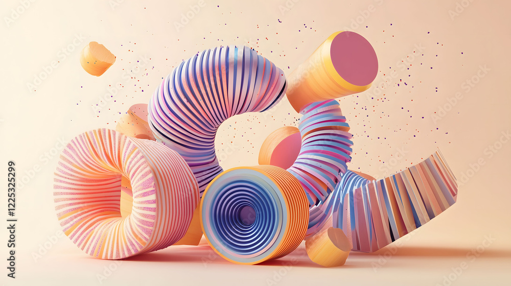 Poster dynamic display of twisted shapes in pastel colors showcasing creative arrangement. generative ai