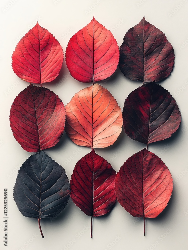 Aufkleber nine red leaves arranged in a grid pattern on a light background with a natural and warm tone