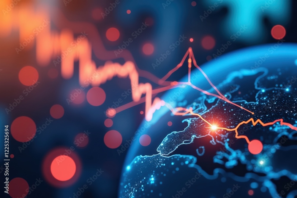 Poster an abstract representation of global economic trends revealed through dynamic graphs overlaid on a g