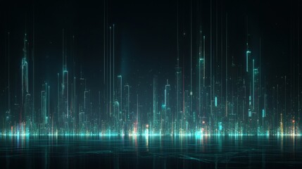 Futuristic cityscape at night, reflecting on calm water, depicting technological advancement and urban development; ideal for sci-fi, tech, or future-themed projects