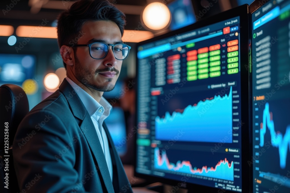 Aufkleber focused financial analyst analyzing stock market trends and data in a high-tech trading environment 