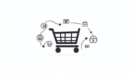 A shopping cart icon connected to various online shopping elements, representing e-commerce and digital transactions.