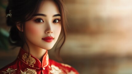 Fototapeta premium Elegant woman in traditional attire poses thoughtfully in a softly lit background during a cultural celebration setting