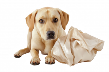 A playful dog with crumpled paper, showcasing a mischievous behavior, isolated on transparent or white background