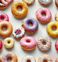 Colorful watercolor clipart of assorted donuts with decorative toppings and glazes, delectable sweetness, bakery delights, dessert time, flavor explosion